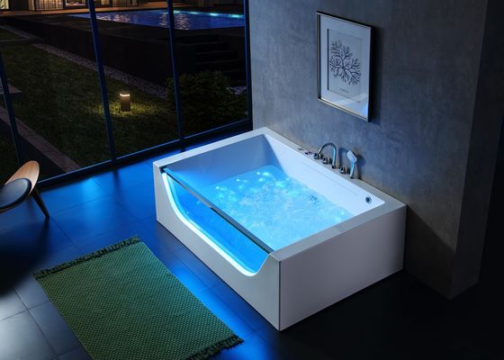Banheira de esquina de vidro LED frontal para 2 pessoas com função de massagem